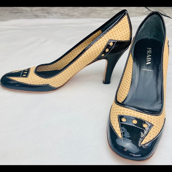PRADA Straw black p leather high heel Sz 8 / 38.5 - Picture 3 of 16